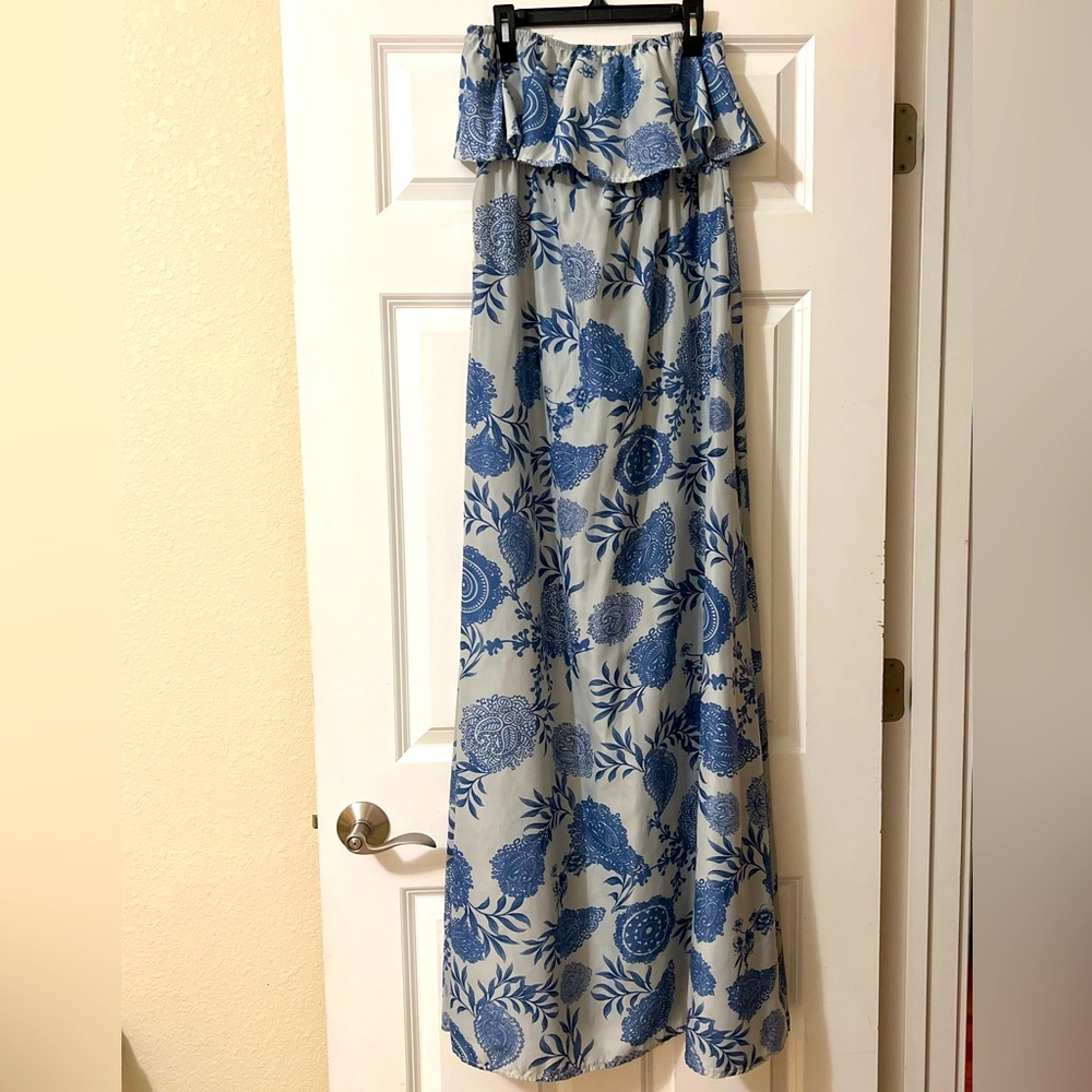 Off the Shoulder Ruffle Papaya Blue Floral Bohemian Maxi Dress Size XL